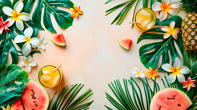 White and beige summer background with leaves and flowers