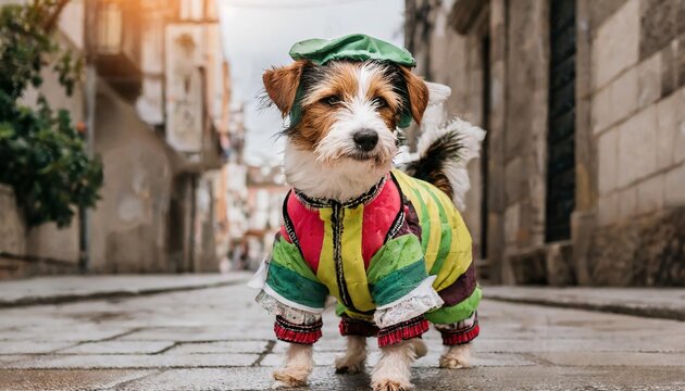 Generated image of a dog wearing dog clothes in the street 