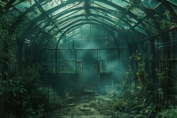 Overgrown and forgotten old greenhouses, with cracked glass and rampant vegetation, evoking a sense of lost botanical wonders