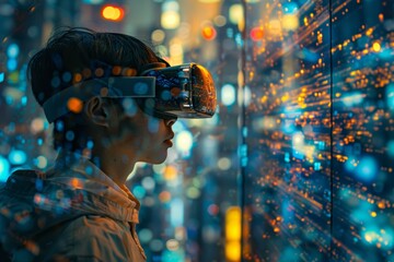 Futuristic depiction of virtual reality technology, with users immersed in a digital world, showcasing the blend of reality and virtual elements