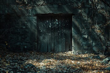 High-contrast image of an abandoned mine shaft entrance, showcasing the play of light and shadow