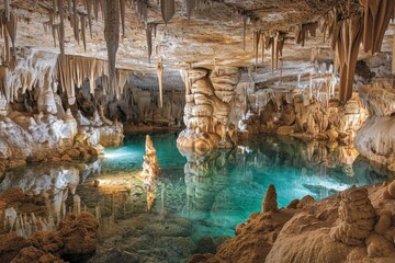 Majestic view of cave formations, including stalactites and stalagmites, in a vast cavern
