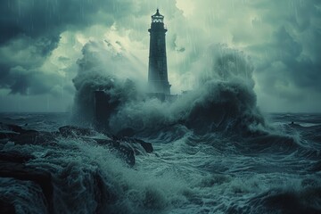 Majestic view of old lighthouses standing against the backdrop of a stormy sea, showcasing their enduring presence - obrazy, fototapety, plakaty