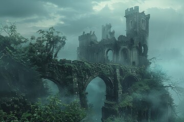 Mystical landscapes of abandoned castles, with overgrown vegetation and crumbling walls, evoking...