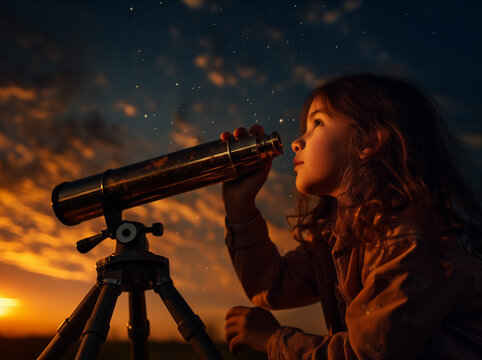 a young girl holds a telescope to watch a total solar eclipse