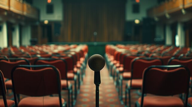 A cinematic shot captures the anticipation in the air as rows of chairs face towards a central microphone, ready for engaging dialogue.