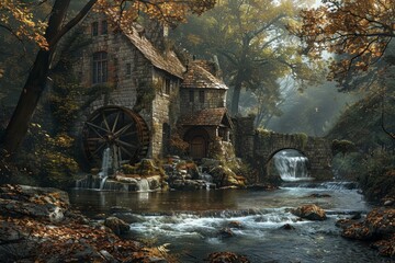 Rustic landscape featuring old water mills, with water wheels and flowing streams, captured in a serene