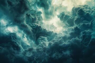 Dramatic close-up of unusual cloud formations, emphasizing the play of light and shadow, creating a moody and artistic effect - obrazy, fototapety, plakaty