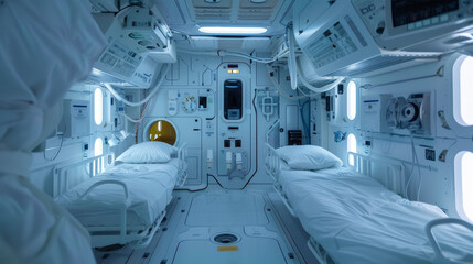 Zero gravity medical bay on a space station astronauts receiving futuristic treatments - obrazy, fototapety, plakaty