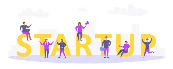 Men and women strategy activity among huge lettering startup. Startup concept illustration of business people working as a team to start a business. Сharacters people in flat vector design