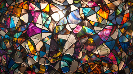Multicolored symmetrical pattern in stained-glass window style.