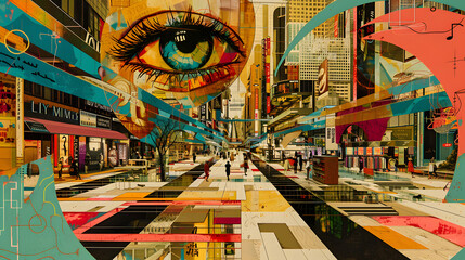 Digital collage of an eye in a shopping center - obrazy, fototapety, plakaty