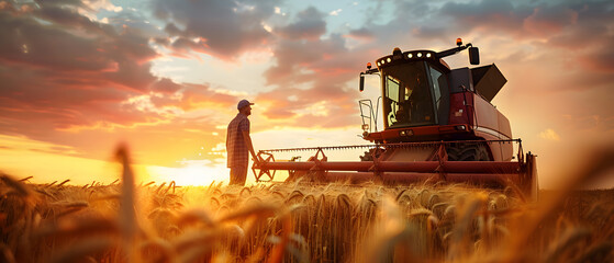 Combine harvester working on wheat field at sunset. 3D rendering - obrazy, fototapety, plakaty