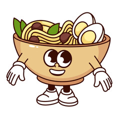 Groovy ramen bowl cartoon character standing with happy face. Funny retro noodle in cup smiling, Japanese food mascot with arms and legs, cartoon ramen sticker of 70s 80s style vector illustration