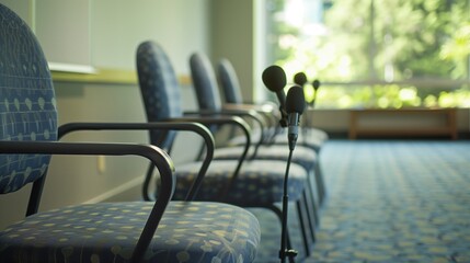 Soft natural light filters through the window, casting a gentle glow on a row of empty chairs and waiting microphones in the interview room.