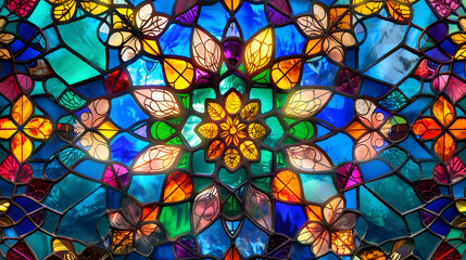 Colorful stained glass window with abstract pattern. Computer generated graphics.