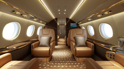 Fototapeta premium Luxurious Private Jet Interior with Leather Seats and Refined Cabin Design