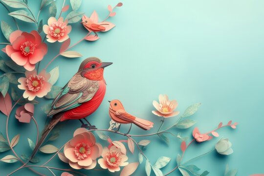 Stylized Birds and Flowers Illustration on Teal Background