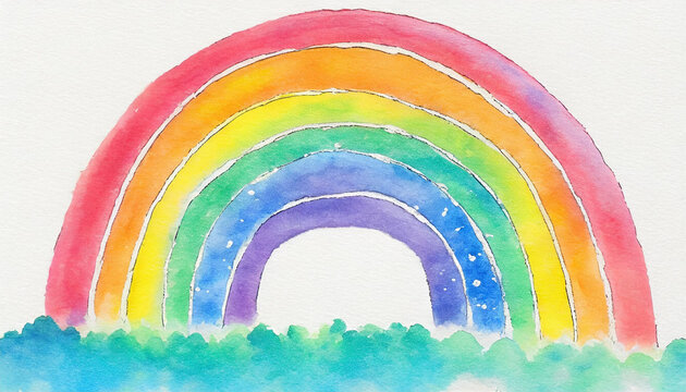 Watercolor painting of a rainbow. Depicting a beautiful rainbow with red, orange, yellow, green, blue, and purple hues. Artwork capturing the vibrant spectrum of colors.