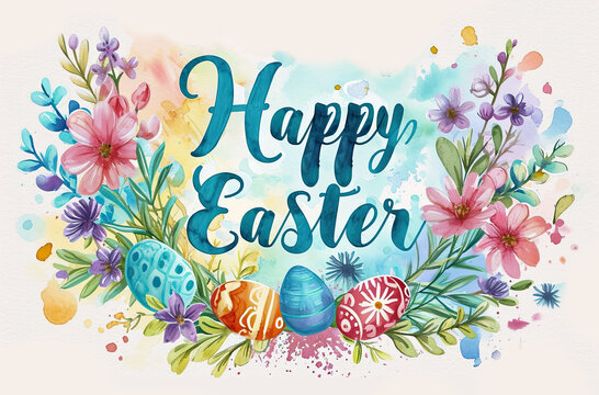 Happy Easter card with colorful eggs and flowers watercolor illustration