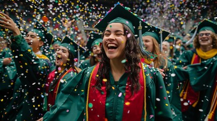Joyful Graduate in Cap and Gown Celebrating Commencement with Confetti Among Happy Peers