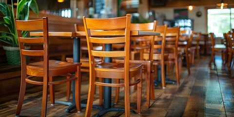 Group of empty chairs lined up neatly in restaurant dining area. Concept Restaurant Interior, Empty Chairs, Neat Arrangement, Dining Area, Interior Design