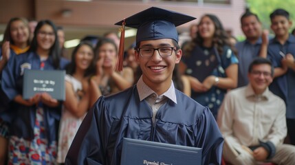 Smiling Graduate in Cap and Gown Holding Diploma with Proud Classmates Celebrating in the Background at Graduation Ceremony