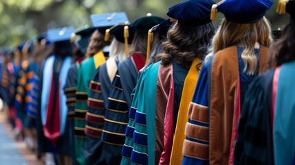 Diverse Group of Graduates in Cap and Gown at Commencement Ceremony, Celebrating Academic Success, University Graduation Event - obrazy, fototapety, plakaty