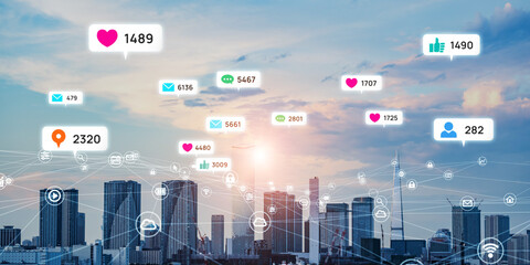 Modern city social networking service concept. Notification balloon of SNS app.