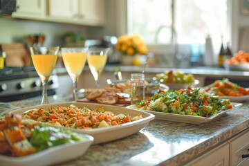 Elegant Brunch Spread with Fresh Orange Juice in Modern Kitchen Interior, Breakfast Buffet with Variety of Healthy Dishes