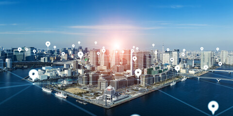 Smart city and location information concept. GPS. Digital transformation.