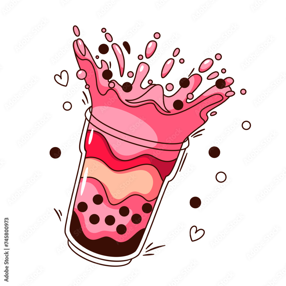 Wall mural Cartoon strawberry bubble milk tea in cup. Funny retro glass with splash of flowing pink drink, layers of black pearls and juice, cartoon Asian tea sticker of 70s 80s style vector illustration