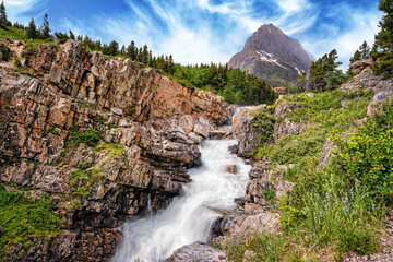 Swiftwater Falls in Glacier National Park, Montana, cascading beautifully