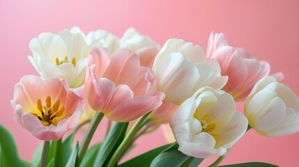 Floral arrangement with beautiful tulips. Blurred background and pastel colors.