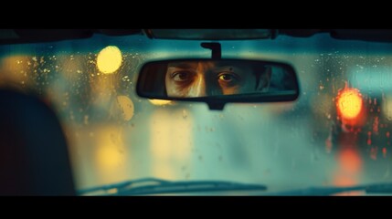 Intense Gaze Reflected in Rearview Mirror on Rainy Evening, taxi driver - obrazy, fototapety, plakaty