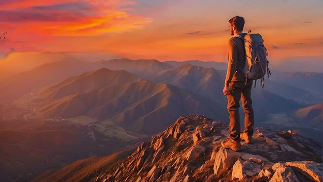 Adventurous Man Hiker standing on top of icy peak with rocky mountain in background. Adventure Composite. 3d Rendering rocks. Aerial Image of landscape from BC, Canada. Sunset Sky. Cinematic ... 