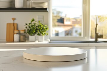 Fototapeta premium Empty white podium table, modern kitchen window blurry background, for product display presentation