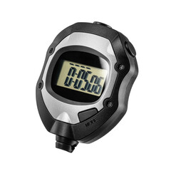 Electronic black plastic stopwatch with five seconds on the screen isolated. Transparent PNG image.