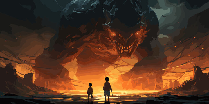 a boy with a sword fighting an evil giant, digital art style, illustration painting