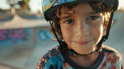 Young skateboarder with curly hair and freckles wearing a colorful helmet smiling at the camera at a skate park with graffiti in the background.