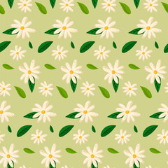 The pattern of flowers is spring daisies on a green background. Boho. Delicate colors, blooming. Vector floral pattern in doodle style with flowers and leaves. Delicate, spring floral background
