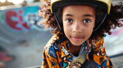 Young child with curly hair wearing a helmet looking directly at the camera with a slight smile...