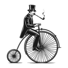Obraz premium old fashioned gentleman ride high wheel vintage penny farthing bicycle sketch engraving generative ai fictional character raster illustration. Scratch board imitation. Black and white image.