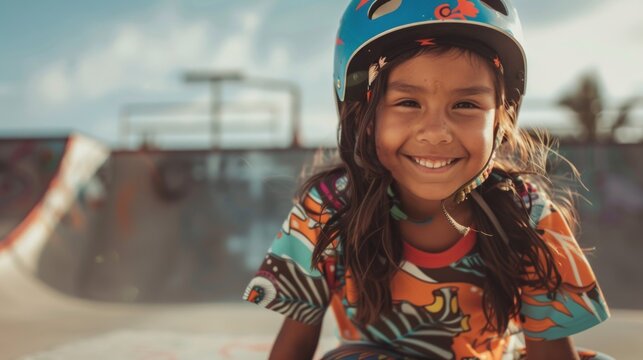 Young girl with a smile wearing a colorful shirt and a blue helmet sitting on a skateboard ramp.