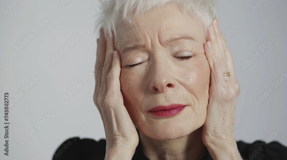 Wall mural An elderly woman with white hair closed eyes and hands on her temples conveying a sense of deep thought or contemplation.