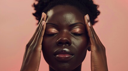 A woman with closed eyes pressing her hands against her temples against a pink background with a focus on her facial features and expression.