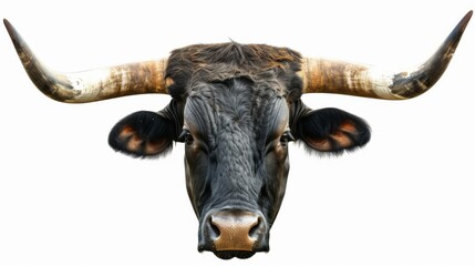 Texas Longhorn Bull Portrait Isolated on White, Frontal portrait of a Texas Longhorn bull with impressive horns, isolated on a white background, highlighting its detailed features.