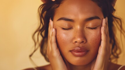 Fototapeta premium A woman with closed eyes resting her hands on her cheeks in a serene and peaceful pose.