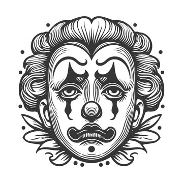 Face of sad crying circus clown in makeup sketch engraving generative ai fictional character raster illustration. Scratch board imitation. Black and white image.