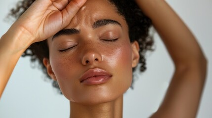 A woman with closed eyes her hands on her face showcasing a serene and peaceful expression with a soft warm glow on her skin.
